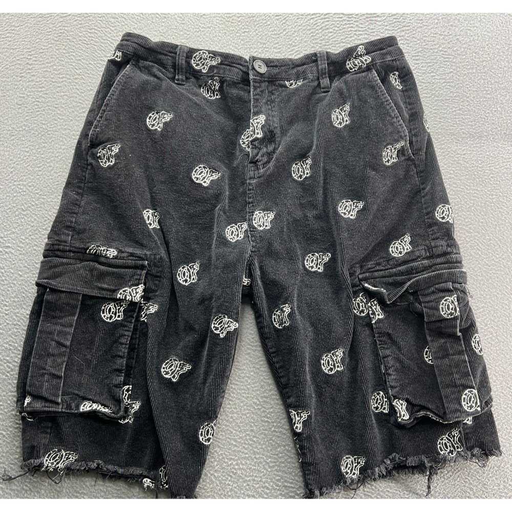 Odd Future Golf le Fleur Cargo Shorts 34 Black Embroidered Corduroy Distressed